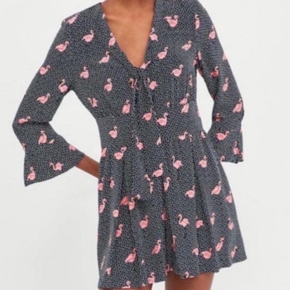 NWT Zara Basic Polka Dot Flamingo Print Tie Neck Swing Short Romper